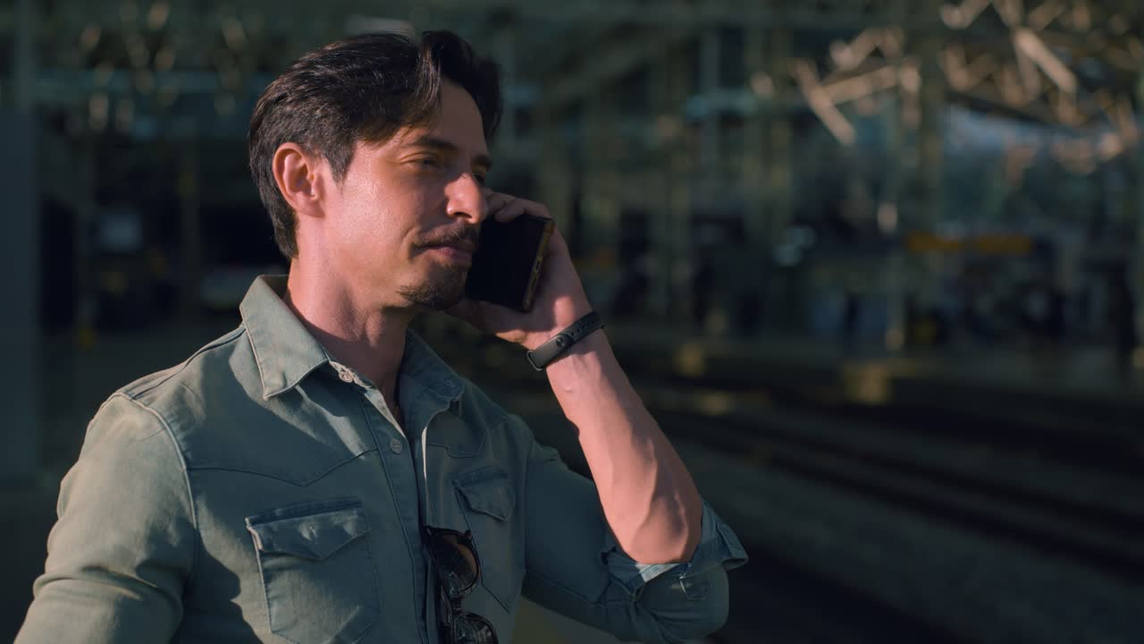 Handsome solo traveler on phone talking and smiling, standing at Seoul train station, South Korea, casual and stylish in urban setting