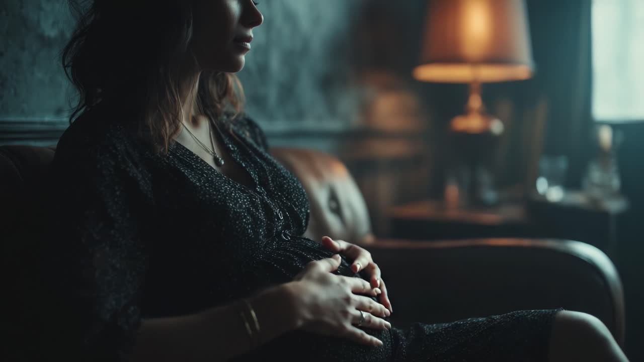 A Reflective Moment of Anticipation: Capturing the Beauty and Serenity of Pregnancy in a Cozy, Dimly-Lit Room