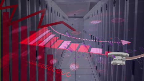 animación de células de covid-19 y procesamiento de datos a través de servidores informáticos.