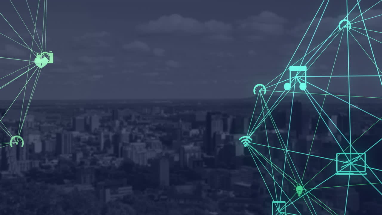 globo de iconos digitales contra el paisaje urbano