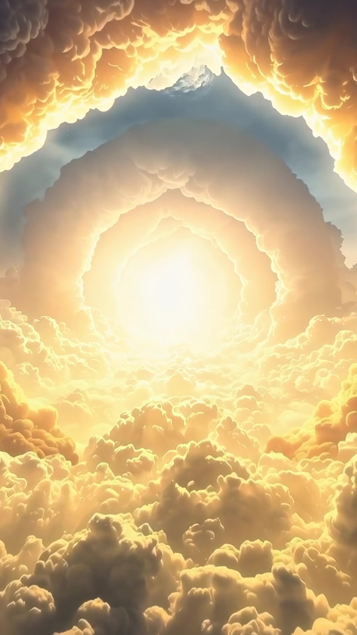 Video verticale: Telecamera in movimento che attraversa nuvole ad anello sopra, mostrando una luce brillante e una cima.