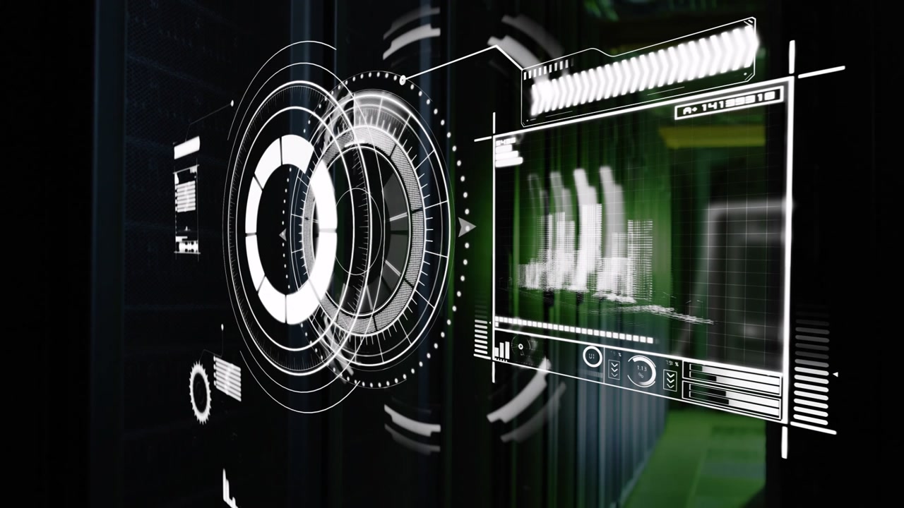 Circular ring appearing starting rings spinning and panel sliding into data display over racks
