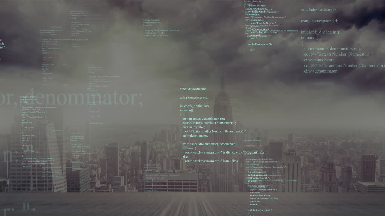 Computer code overlaying cloudy sky, city skyline creating digital animation effect