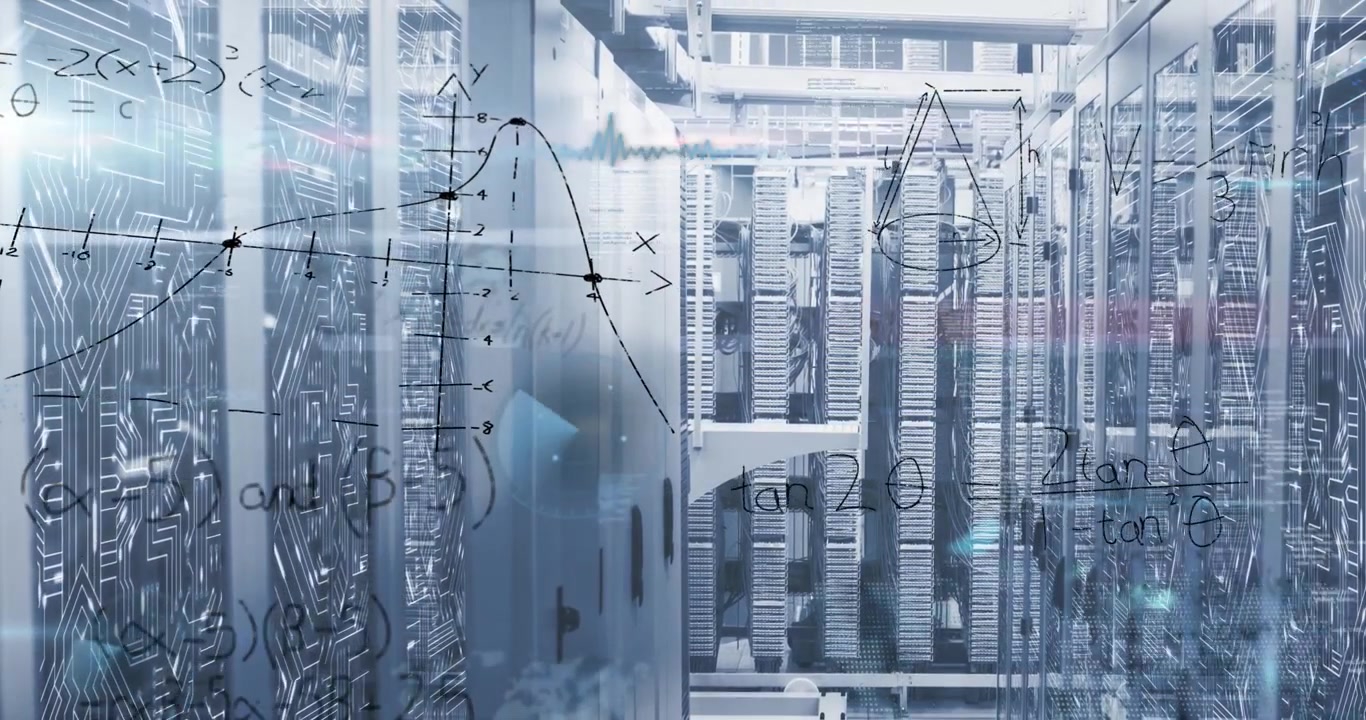 Mathematical Formulas Overlaid on Modern Server Room Data Center