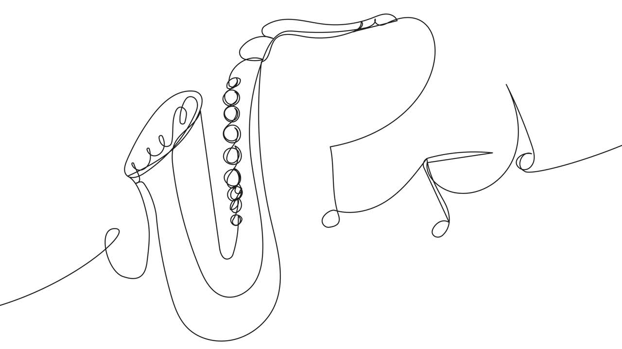 Self-drawing of a saxophone in one line on a white background.