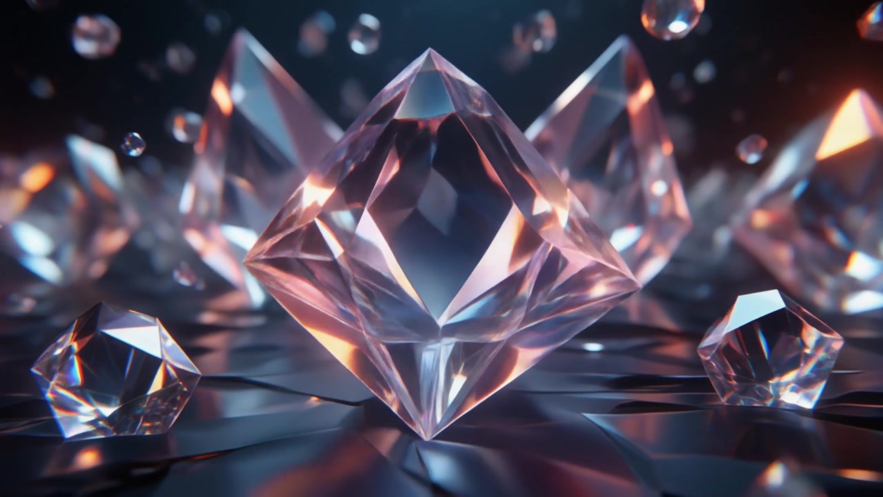 Rotating Geometric Crystal Gemstones on Reflective Surface