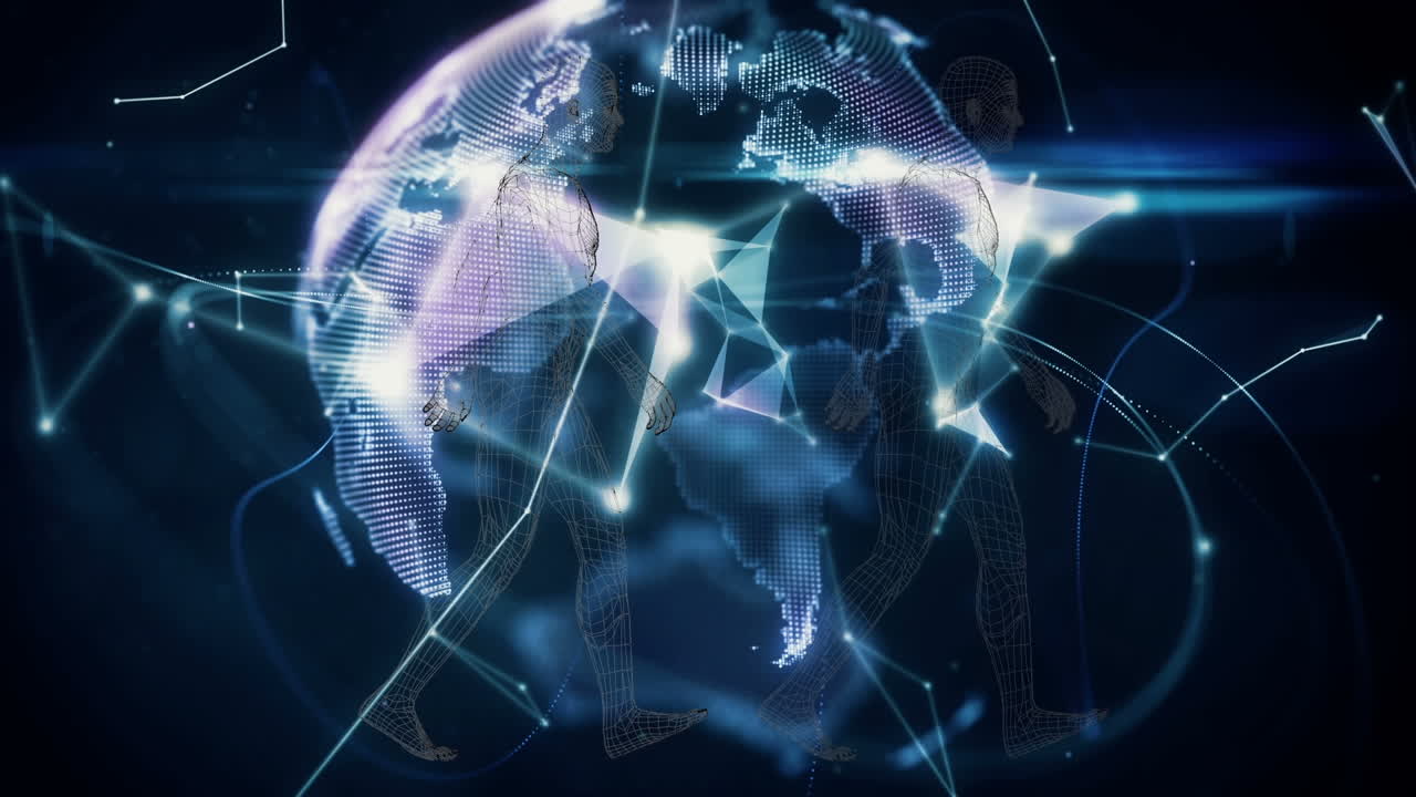 Animation of digital human model over hand holding globe on black background