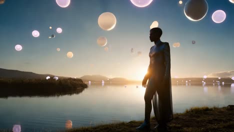 silhouette of a woman by a lake at sunrise with floating objects