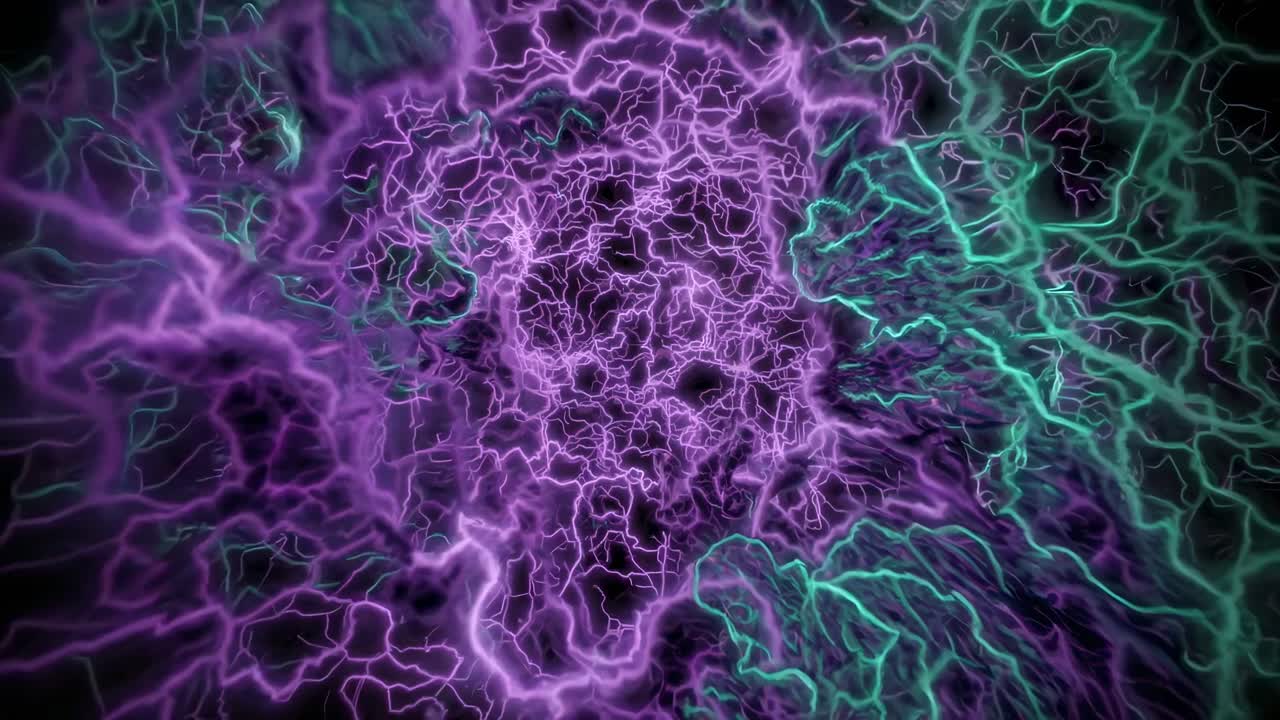 Dynamic video of swirling purple and green electric currents, captured from a top-down angle