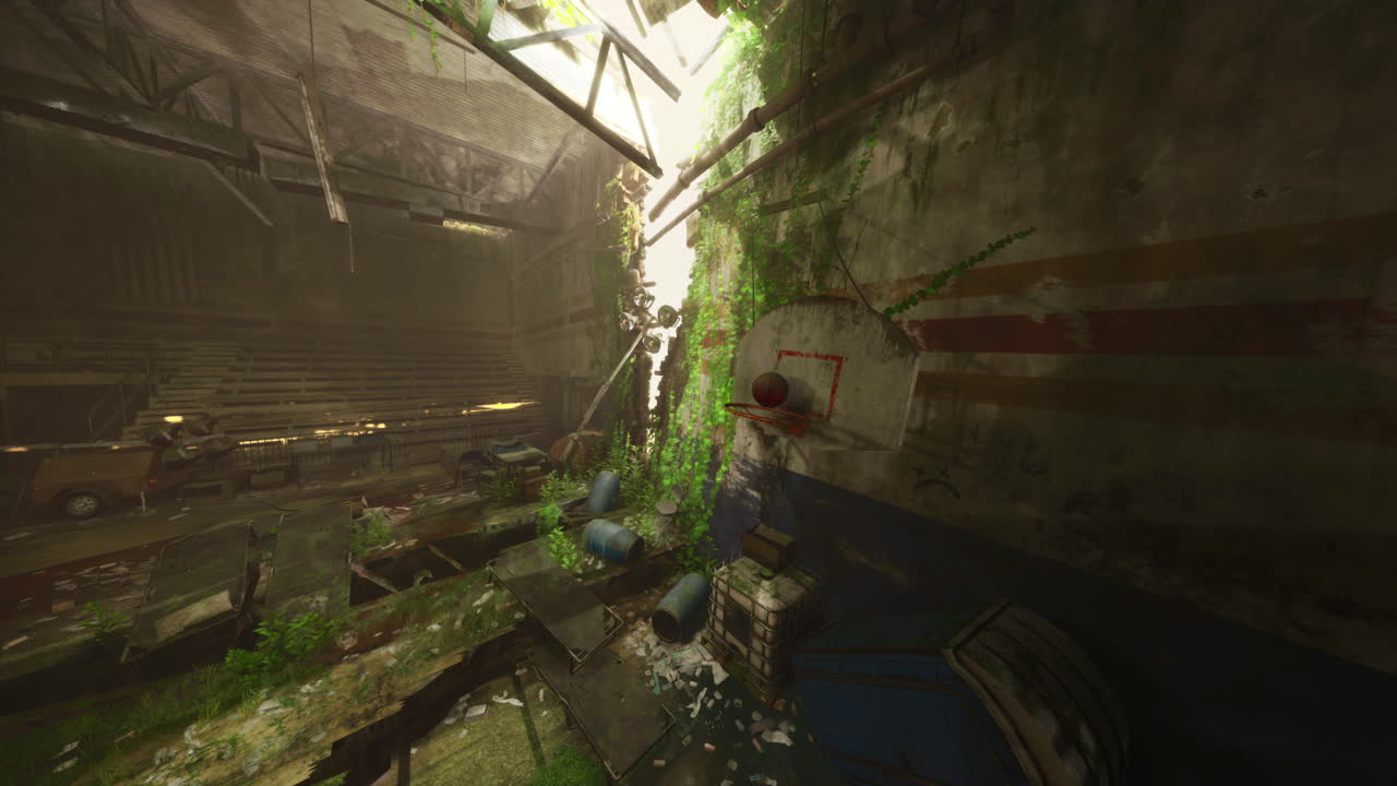 gimnasio abandonado cubierto de plantas