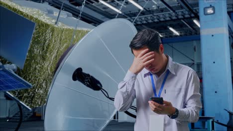 trabajador mirando el teléfono en una fábrica de satélites