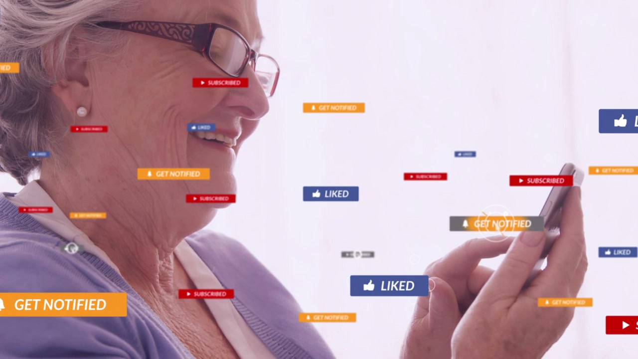 Senior woman tapping smartphone, checking alerts, social badges multiplying around face then fading