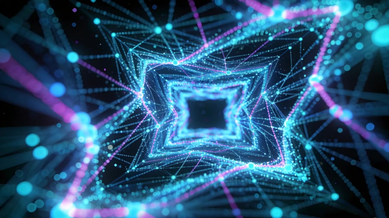 Rotating neon tunnel shifting as frames advance in dark void, drawing viewer in with pulsing nodes