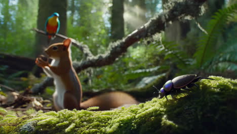a squirrel, bird, and beetle in a sunlit forest