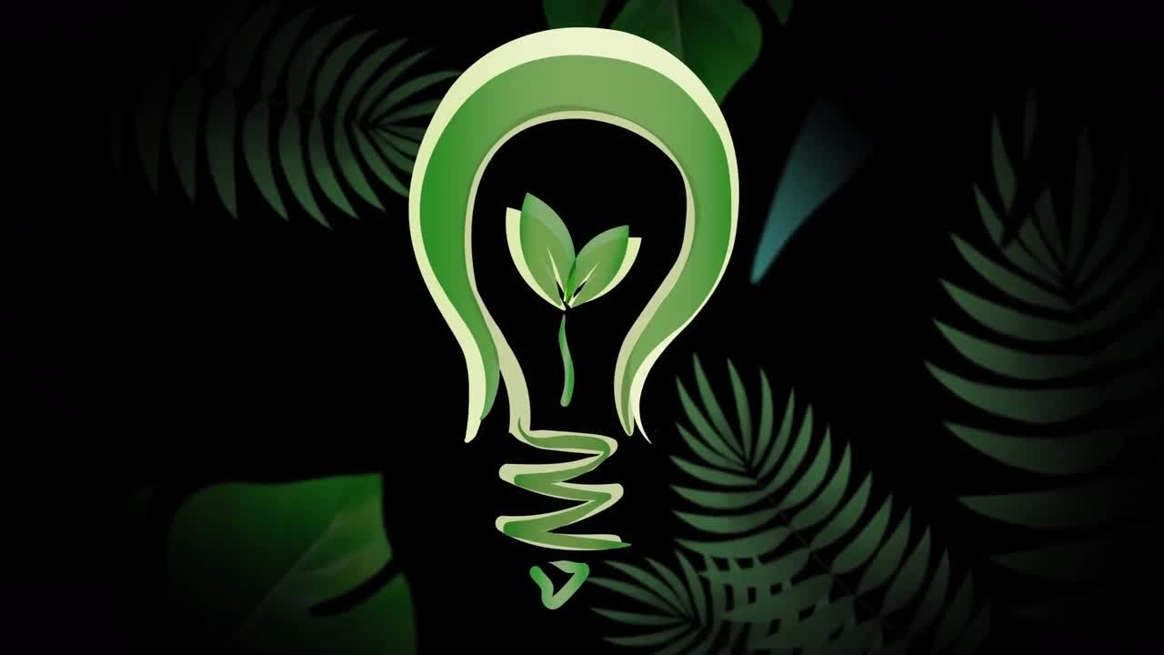 animación de una bombilla verde y flores sobre un fondo negro
