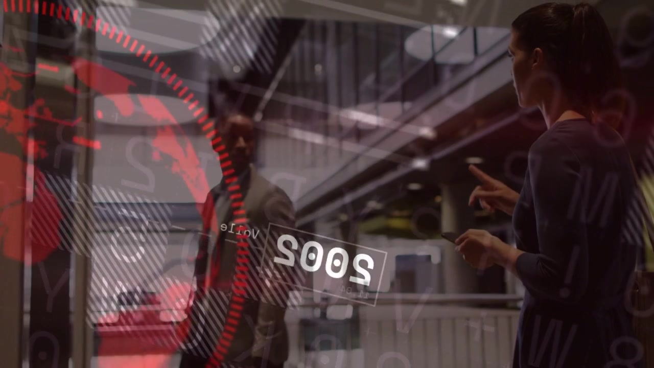 Man pausing at elevator, woman tapping tablet and showing red HUD numbers for business floor choice