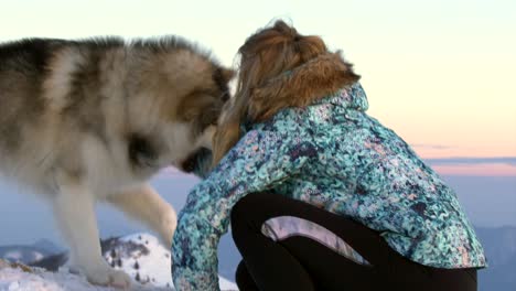 Young-woman-caressing-dog-on-mountain-top-at-sunset,-pastel-sky,-slow-motion