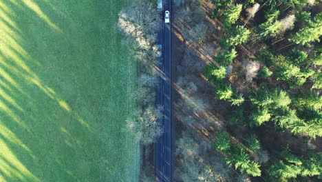 aerial view of cars on a countryside road next to a forest