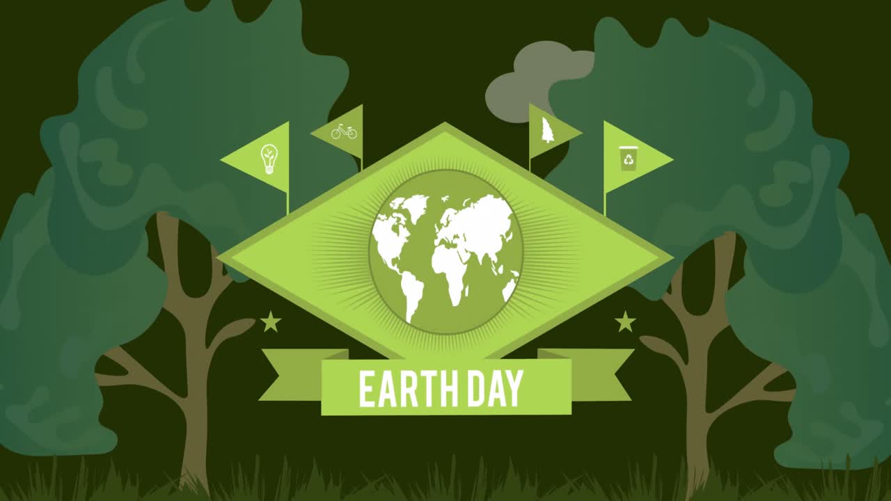 Animation of globe and earth day with flags over trees on dark green background