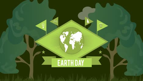 Animation-of-globe-and-earth-day-with-flags-over-trees-on-dark-green-background