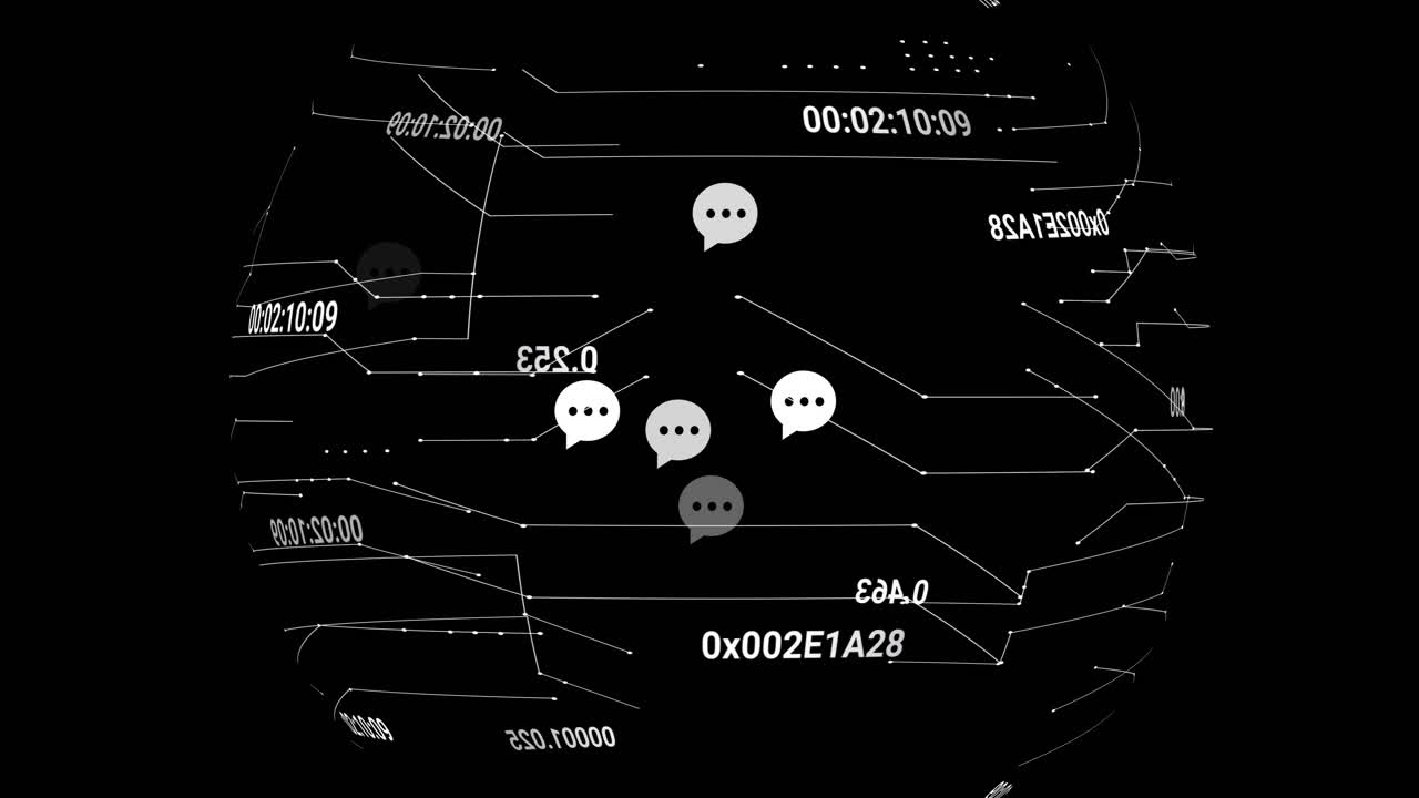 Animation of data processing and media icons on black background