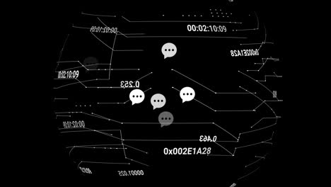 animación de procesamiento de datos e iconos de medios en fondo negro