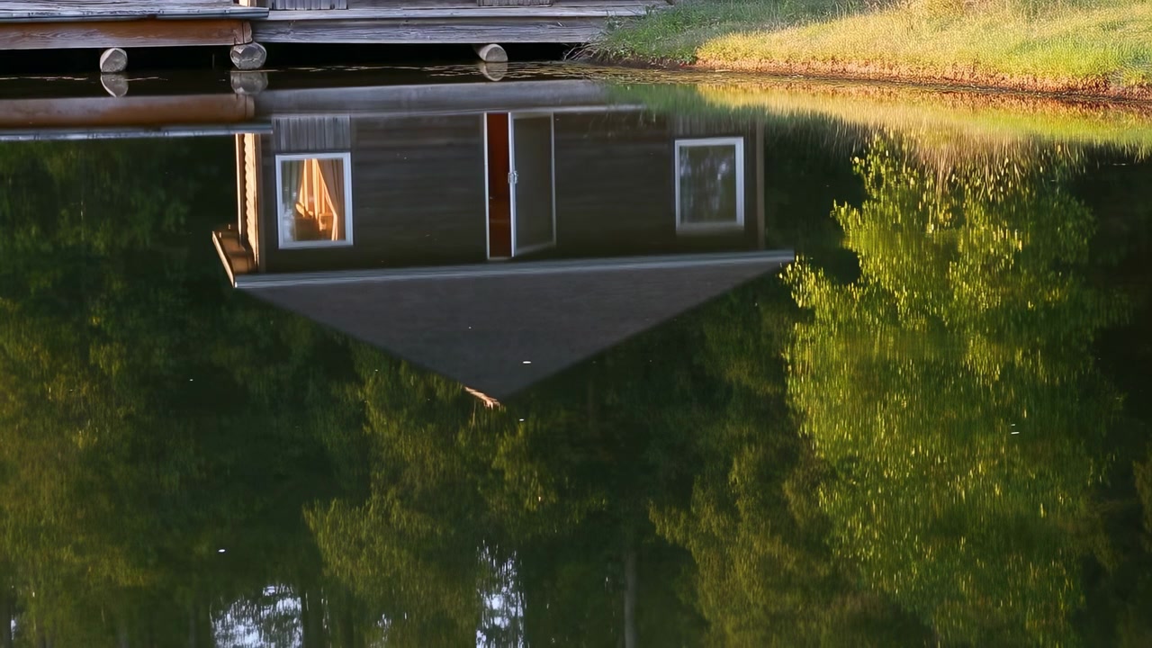 Una piccola casetta in legno scuro si erge ai margini di un bosco mentre la sua porta centrale si apre gradualmente, rivelando una calda luce ambrata mentre la luce solare bassa illumina erba e fogliame