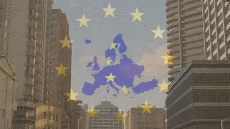 stars spinning in circles over eu map against tall buildings