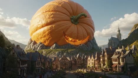 a whimsical oversized pumpkin looms over a charming village, casting a cheerful glow and creating a magical atmosphere that promises adventure and delight