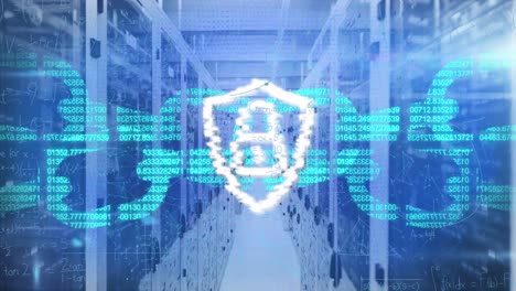 animation of padlock in shield, numbers forming blockchain over server room