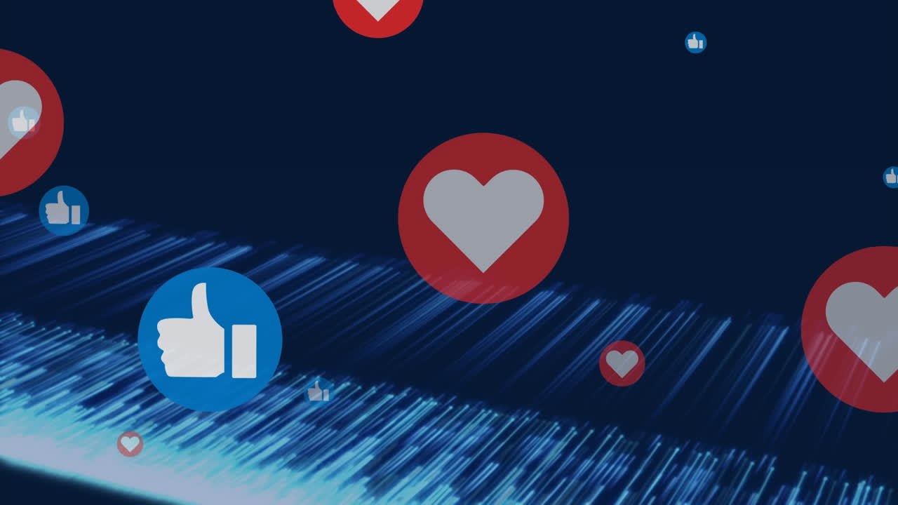 검은색 배경에 빛의 흔적 위에 소셜 미디어 아이콘의 애니메이션