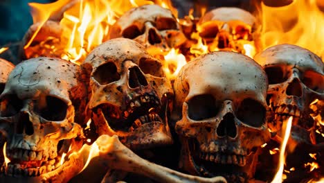 a group of skulls and bones are burning in the fire