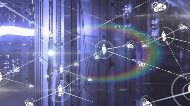 Animation of network of connection with people icons over computer server