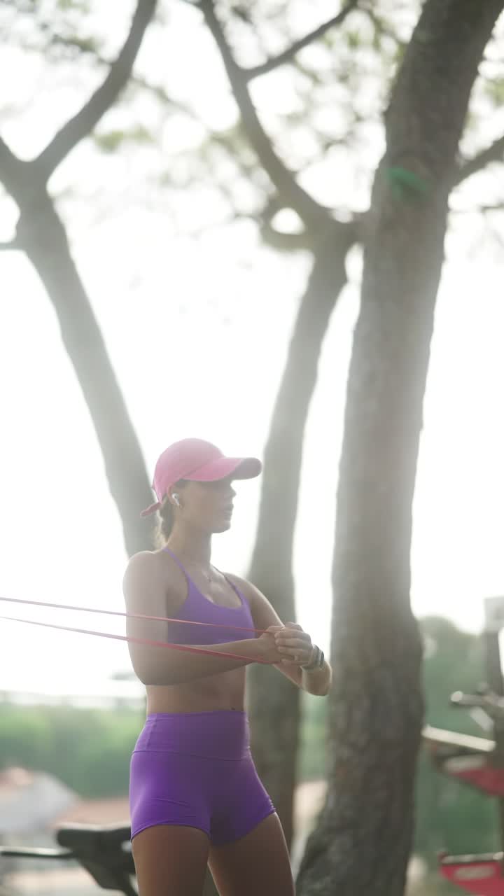 mujer haciendo ejercicio con banda de resistencia al aire libre