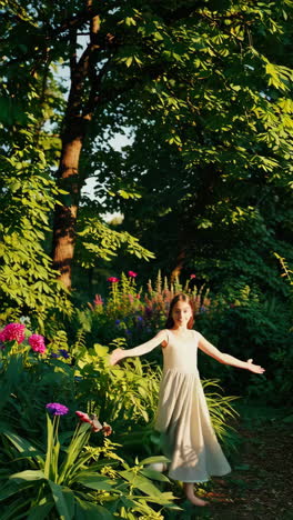 young girl spinning happily in a lush garden