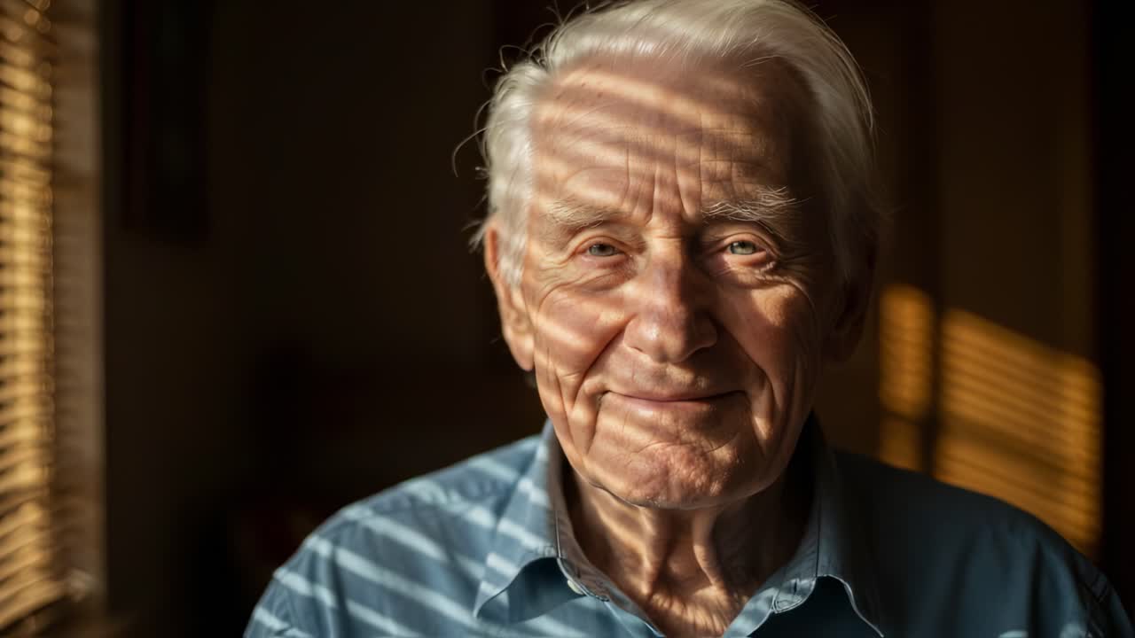 Senior gentleman sitting peacefully near window, soft sunlight streaming through venetian blinds, creating delicate shadows across weathered, thoughtful face