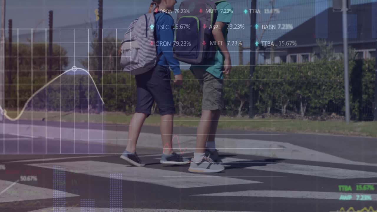 Animation of financial data processing over school children crossing road