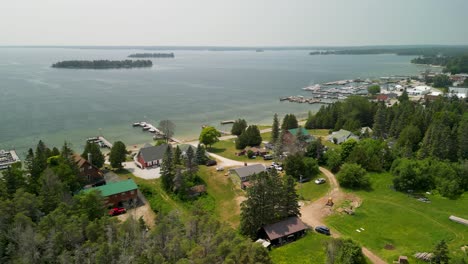 aerial view of hessel, michigan, les cheneaux islands and lake huron