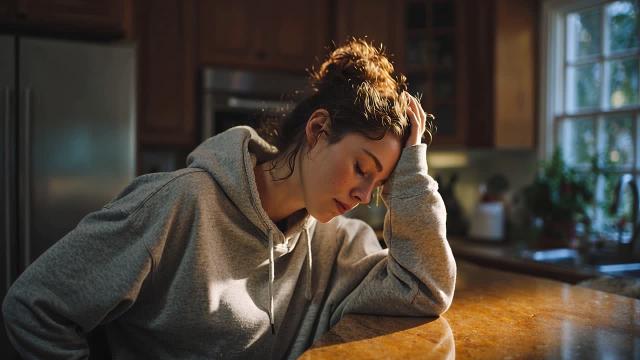 Giovane donna appare stanca, appoggia la testa sul bancone della cucina. Ha gli occhi chiusi, le dita toccano delicatamente la tempia. Una luce calda dalla finestra illumina dolcemente la scena.