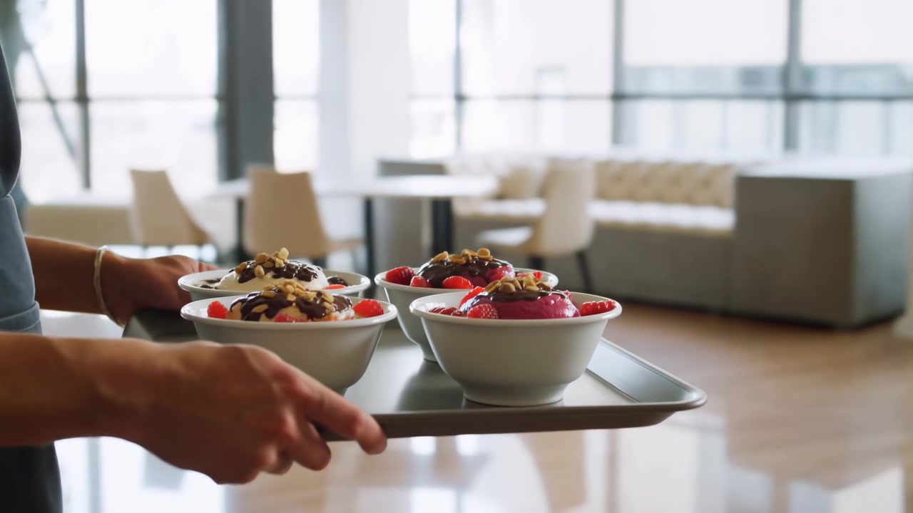 An adult in a blue apron carries a metal tray with three white bowls of yogurt topped with fruit, nuts, and cereal in a bright modern home interior with soft