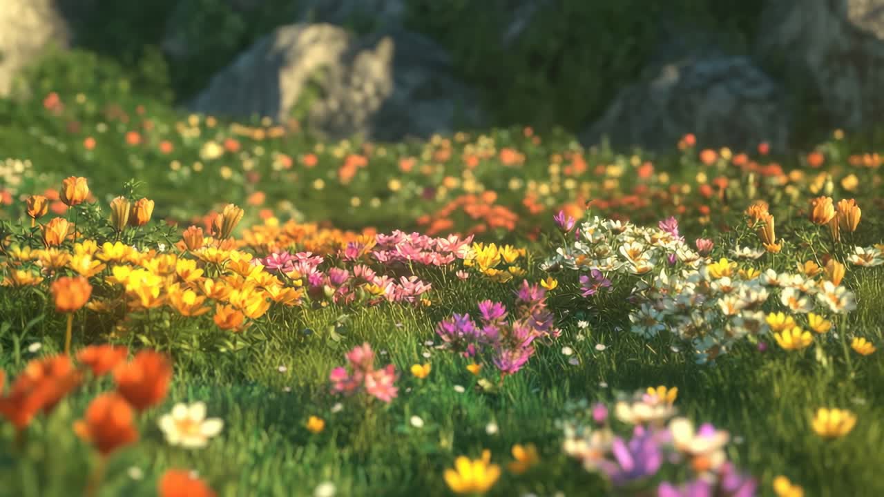 A serene video scene of a vibrant flower field, captured from a low-angle, showcasing colorful