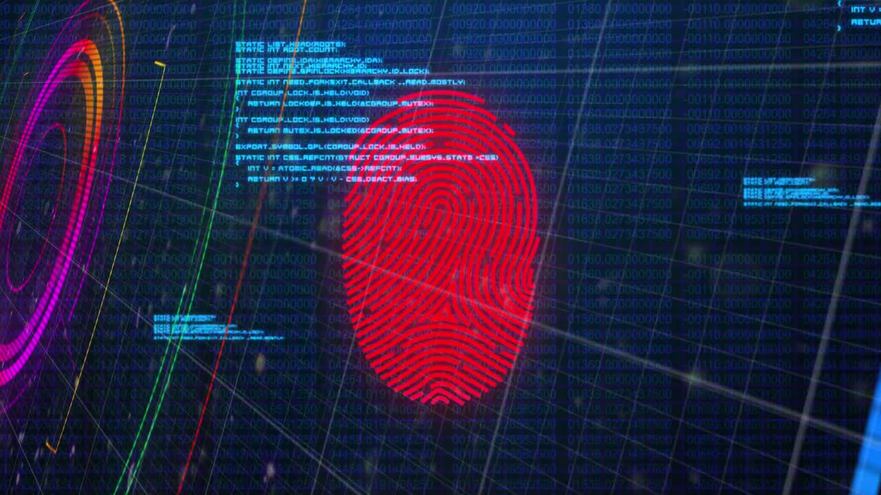 Animation of red biometric fingerprint over scope scanning and data processing