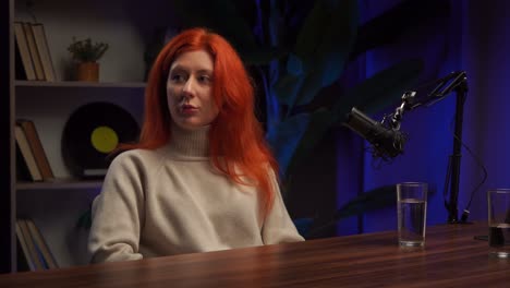 woman giving podcast interview