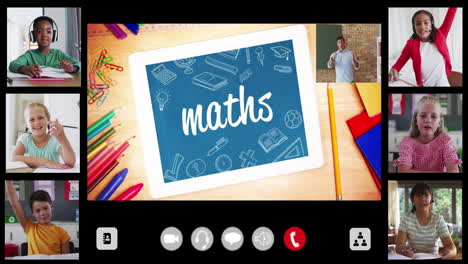 animation of screen with text, maths and six screens of diverse children during online school lesson
