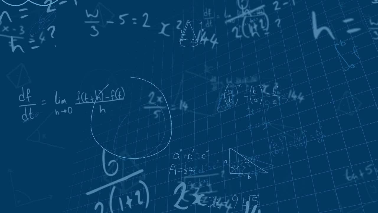 animación de ecuaciones matemáticas y diagramas flotando sobre la red de cuadrícula contra un fondo azul