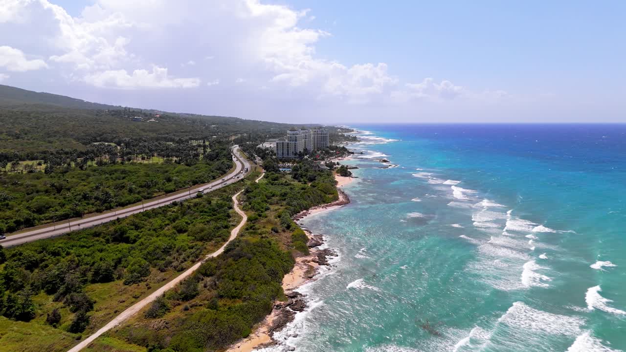 Aerial footage go west of the coastline in Rose Hall, Montego Bay, Jamaica.