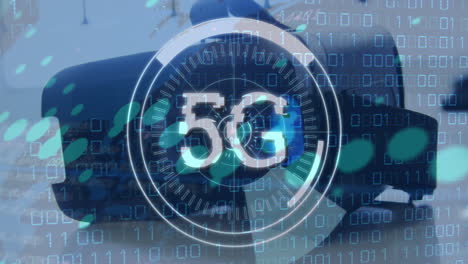 animation of vr headset over 5g text, binary coding and scope