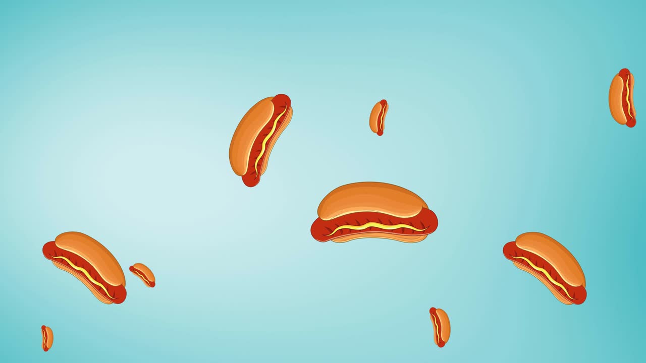 animación de varios perritos calientes flotando sobre un fondo azul