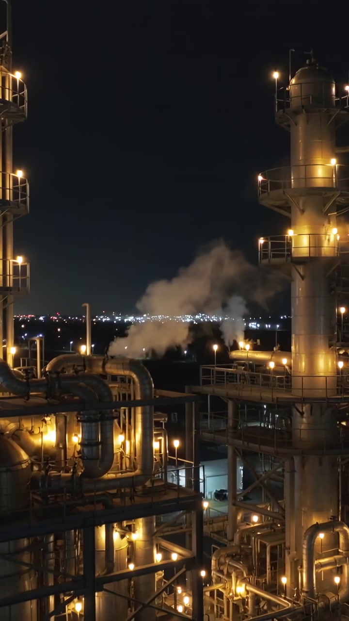 Vertical video: Plant emitting steam from mid vent during processing at night, lit towers, piping