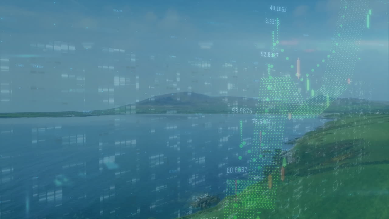 3D animation showing calm lake reflecting floating candlestick charts and dotted grid overlays